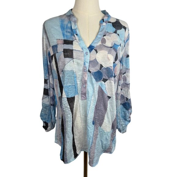 David Cline Tops - David Cline Top Large Crinkle 1/4 Snap Front Abstract Print Crushed Blue Gray